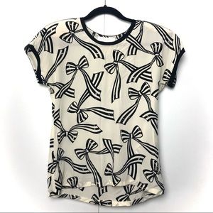 Escada Vintage Silk Bow Print Shirt with Shoulder Pads Black Ivory